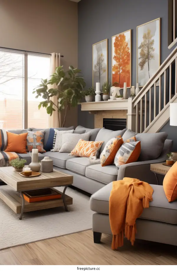 A cozy living room with a fireplace and a large sectional sofa