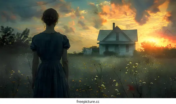 A woman standing in a field of flowers looking at an old house in the distance