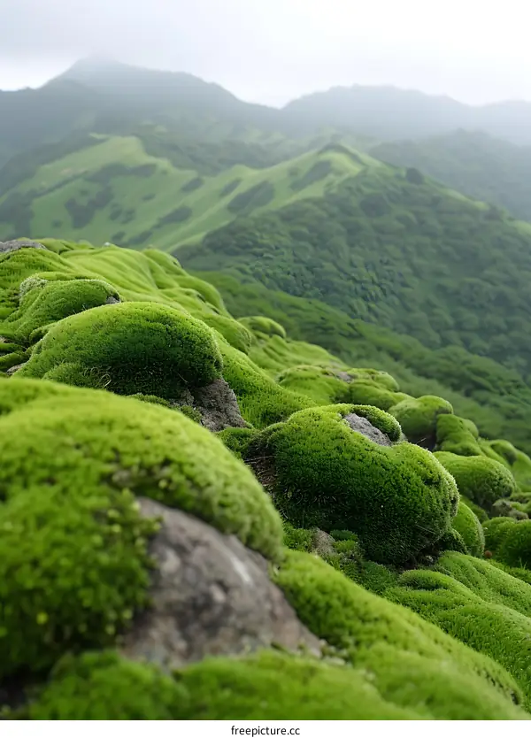 Green Moss Covered Rocks and Mountains in the Background