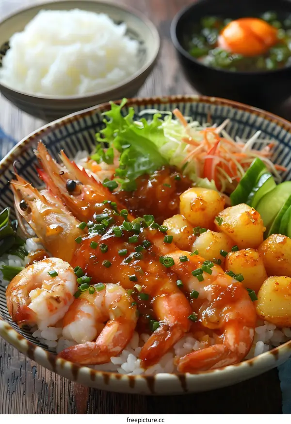 A bowl of Japanese food with rice, shrimp, scallops, and vegetables