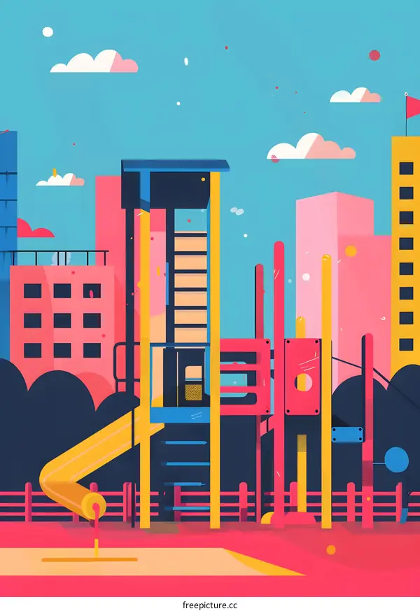 Colorful Playground Illustration with Bright Buildings and a Slide
