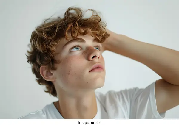 Portrait of a Young Man with Curly Red Hair Looking Up