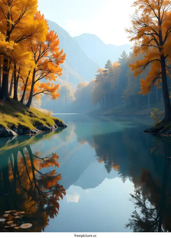 Autumn Landscape with Calm Water Reflection