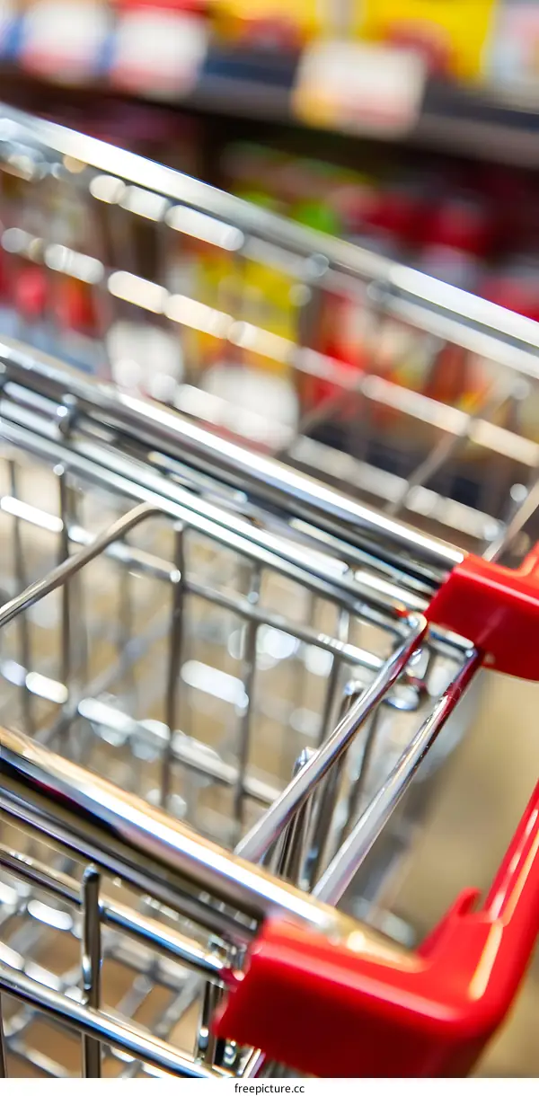 Close Up of Shopping Cart Handle in Supermarket