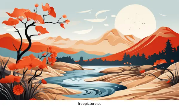 Tranquil Scene of a River flowing through a Rocky Landscape with Trees and Mountains in the background