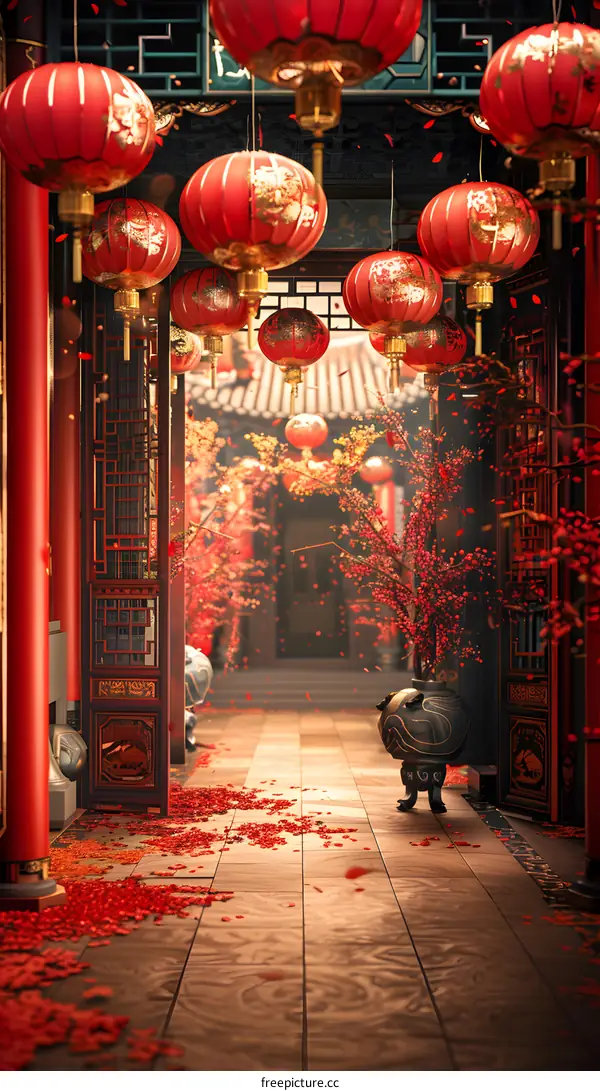 Chinese courtyard decorated with red lanterns for Spring Festival