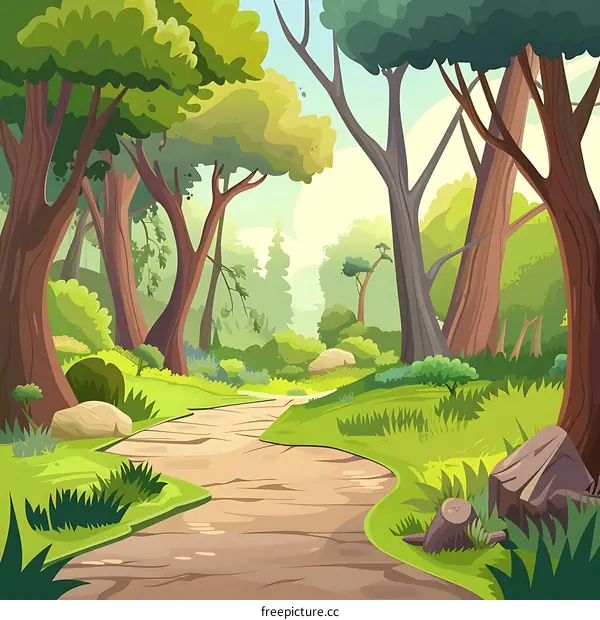 Cartoon Forest Path with Lush Greenery