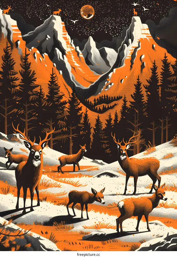 Nighttime Mountain Landscape With Deer