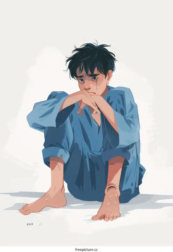 boy in blue pajamas sitting on the floor and crying