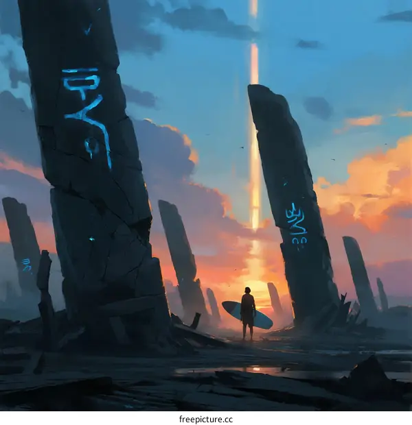 Mysterious Ancient Pillars with glowing symbols at sunset