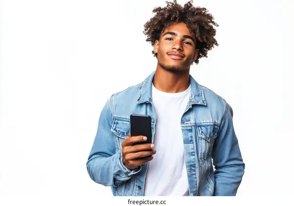 Young Man Holding Smartphone Casual Style Portrait