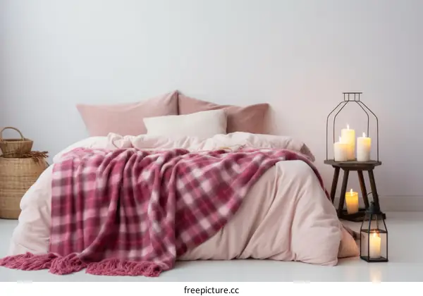 A cozy bedroom with a pink and white checkered blanket and candles