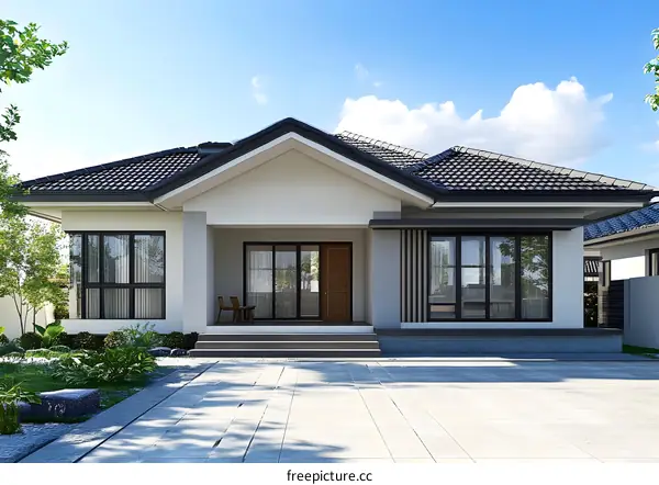 Modern House Design with Grey Roof and Large Windows