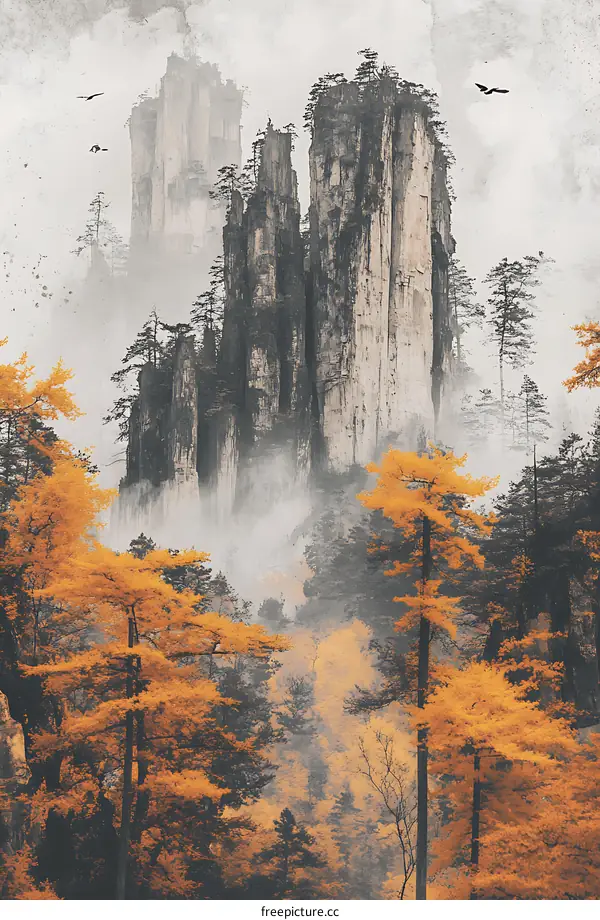 Mountain Landscape with Mist and Golden Trees