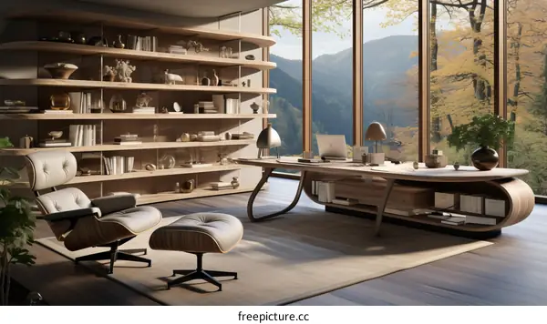 Modern Home Office with Large Window and Forest View
