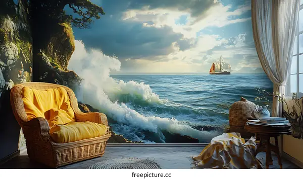 Ocean Waves Crashing on Rocks with a Sailboat in the Distance