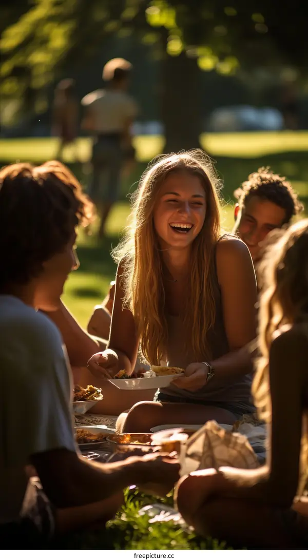 Four friends are having a picnic in the park