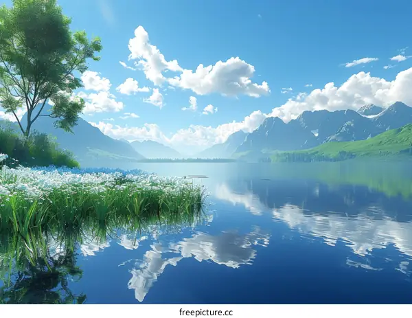 Peaceful Mountain Lake Scenery Illustration