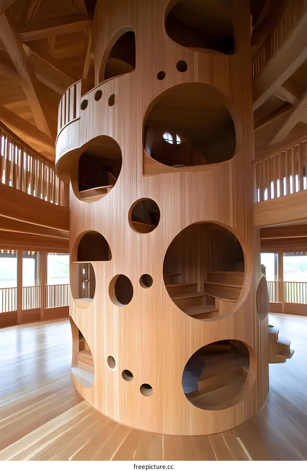 Wooden Structure with Circular Openings and Stairs