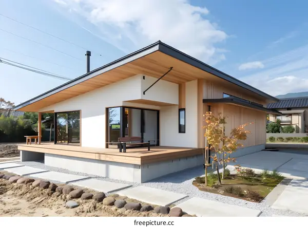 Modern Japanese Style House with Wooden Deck and Gravel Landscaping