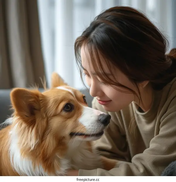 A woman is petting a corgi dog.