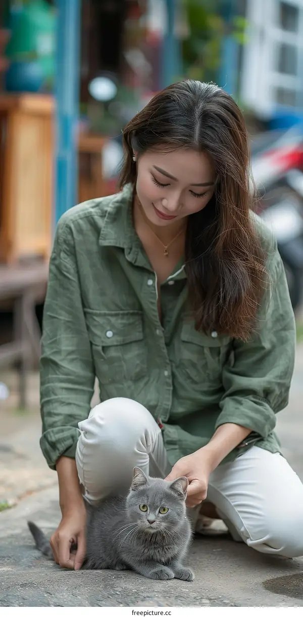 A young woman is petting a gray cat on the street