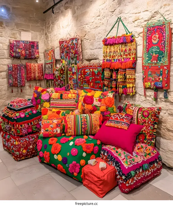 Colorful Handmade Pillows and Wall Hangings in a Stone Room