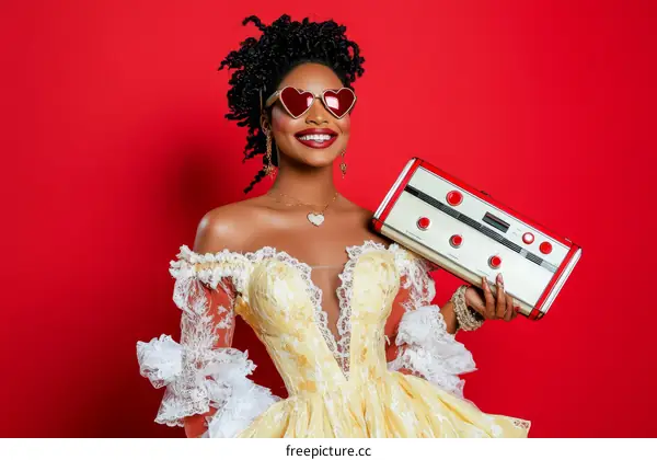 Stylish African American Woman in Vintage Dress with Retro Accessory