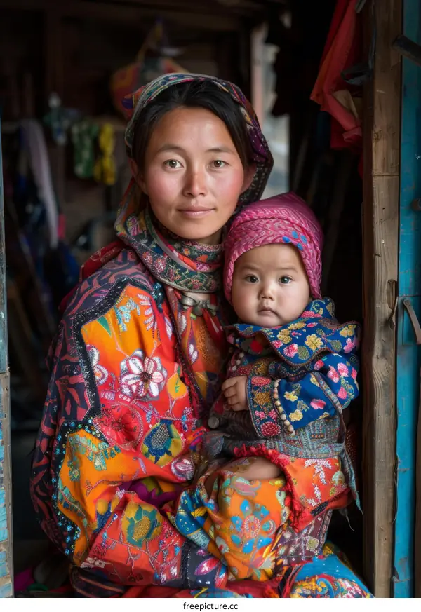 A woman from the Lisu ethnic minority group in China holds her baby in a traditional揹簍背篼