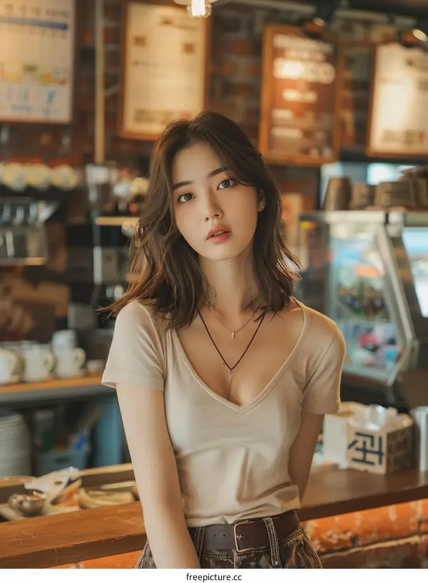 A beautiful Asian woman is sitting in a cafe.