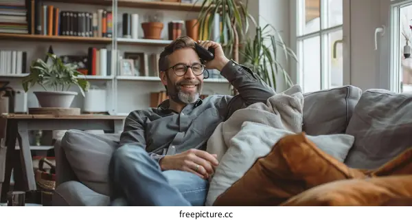 A man is relaxing on the couch and watching TV