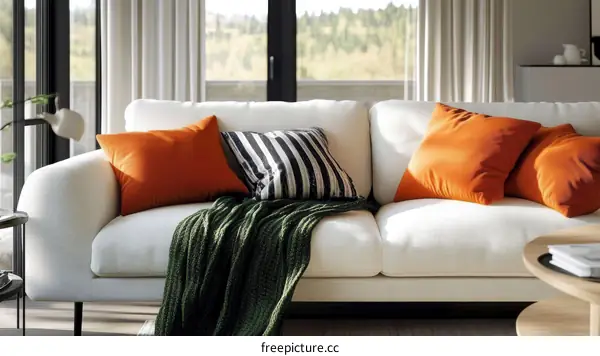 Modern Living Room Sofa with Orange Pillows