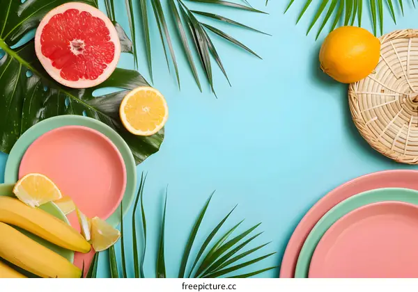 Summer Tropical Fruits and Plates on Blue Background