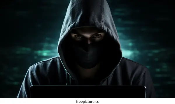 A masked man in a hoodie is looking at the laptop screen in a dark room with green lights in the background