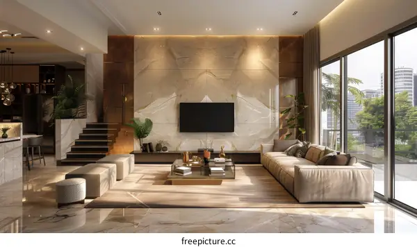 Contemporary Minimalist Living Room with Balcony and Urban Views