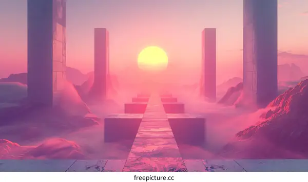 Surreal Sunset Over Ancient Pillars