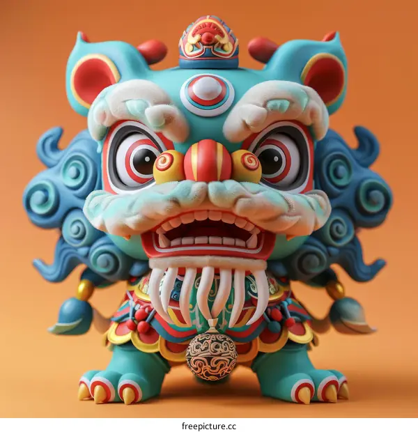 3D Illustration of a Blue and Green Chinese Lion