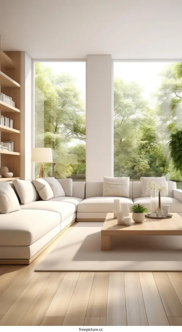 Bright Modern Living Room with Large Windows and Neutral Decor