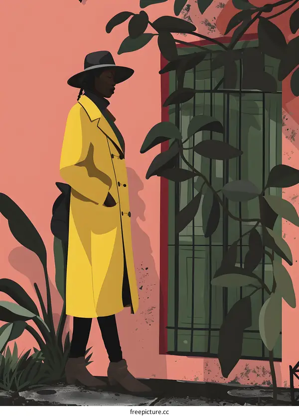 Woman in Yellow Coat Standing by a Pink Wall