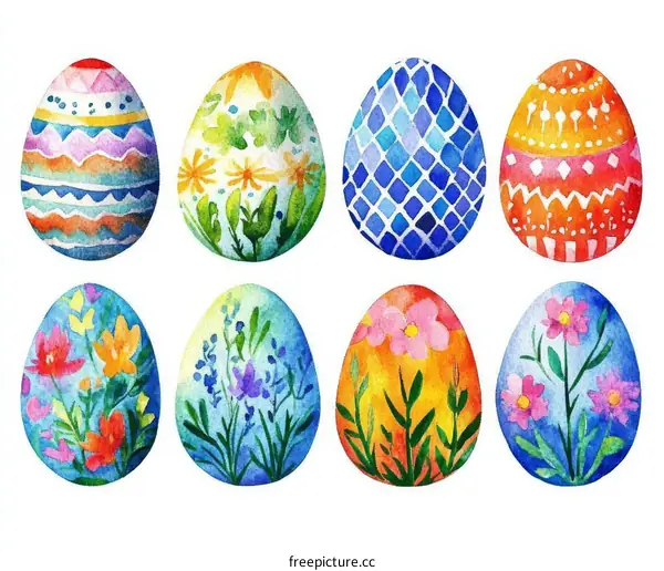 Colorful Easter Eggs Decorated with Flowers and Patterns