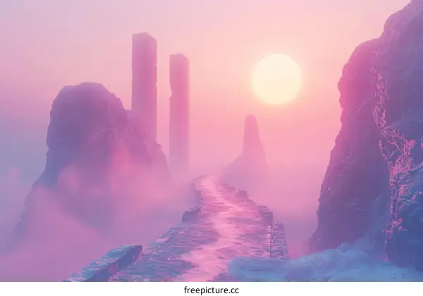 Fantasy Landscape With Pink Sunset And Fog