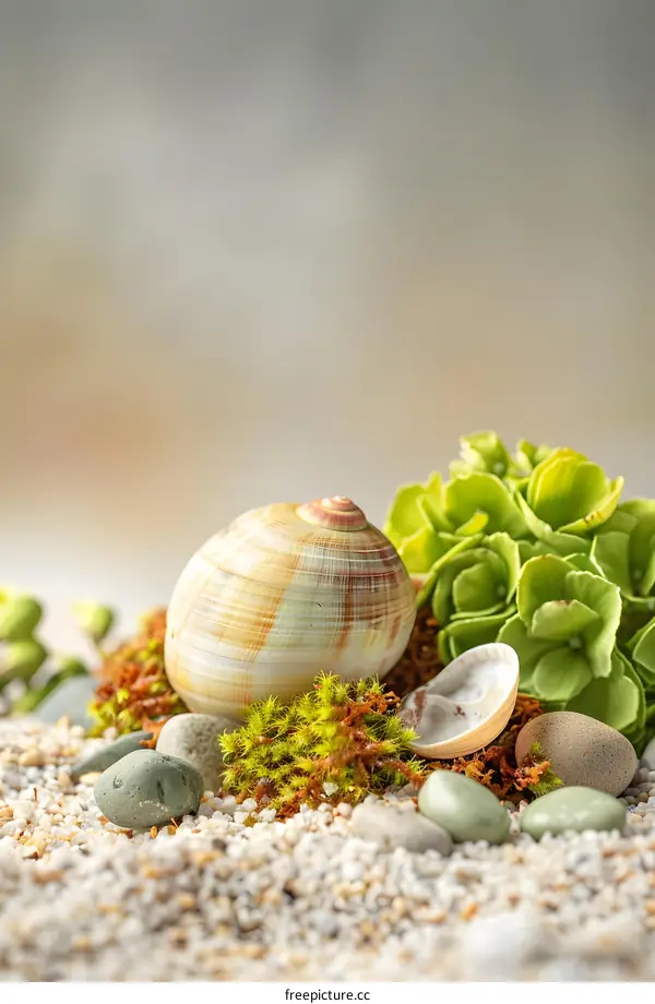 Seashells and Green Plant on Sand