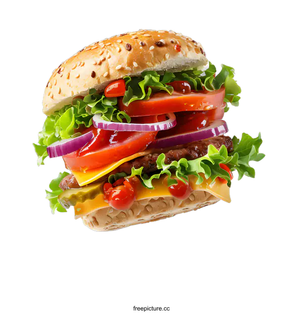 [Transparent Background PNG]A cheeseburger with lettuce, tomato, onion, and pickles