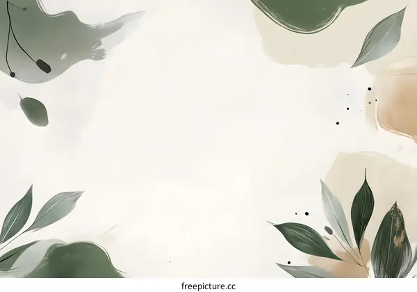 Abstract Green and Beige Watercolor Background with Leaves
