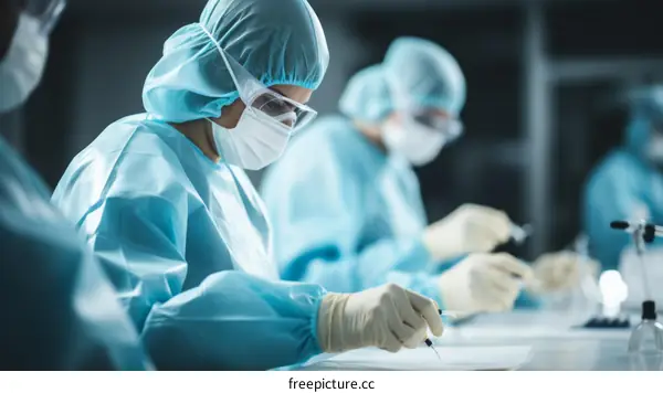 Scientists in protective gear working in a laboratory