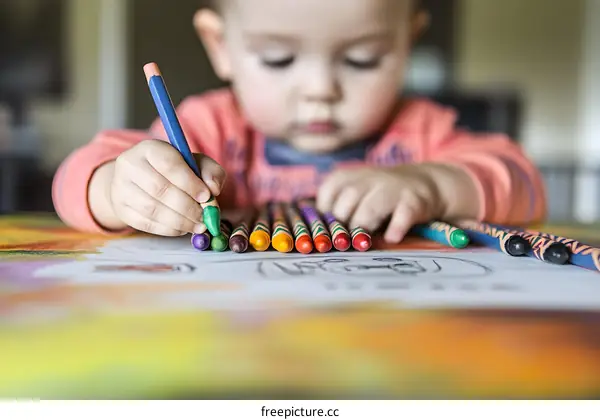 Toddler Drawing with Crayons on Paper