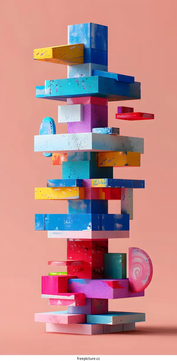 Abstract 3D Colorful Geometric Shapes Stacked Tower