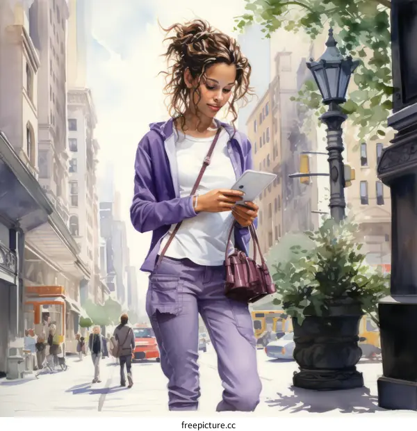 A young woman is walking down the street while looking at her tablet