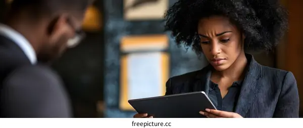 Serious Businesswoman Looking At Tablet With Colleague