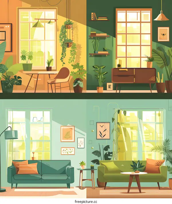 Green and Yellow Interior Design with Plants Illustration